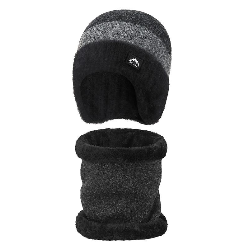 Winter Wool Warm Color-Matching Ear Protection Knitted Hat Men's Outdoor Cold-Proof Velvet Neck Set Two-Piece Wool Hat