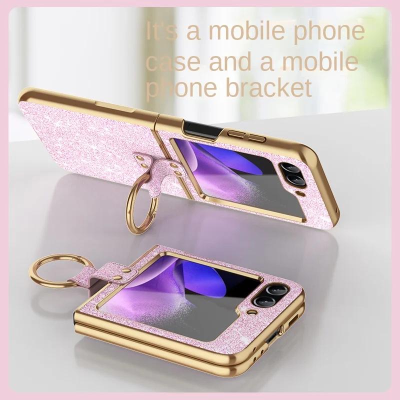 Luxury Plating Bling Glitter Ring Holder Phone Case For Samsung Galaxy Z Flip 6 5 4 Flip6 Flip5 Flip4 Flip3 Hard Plastic Cover