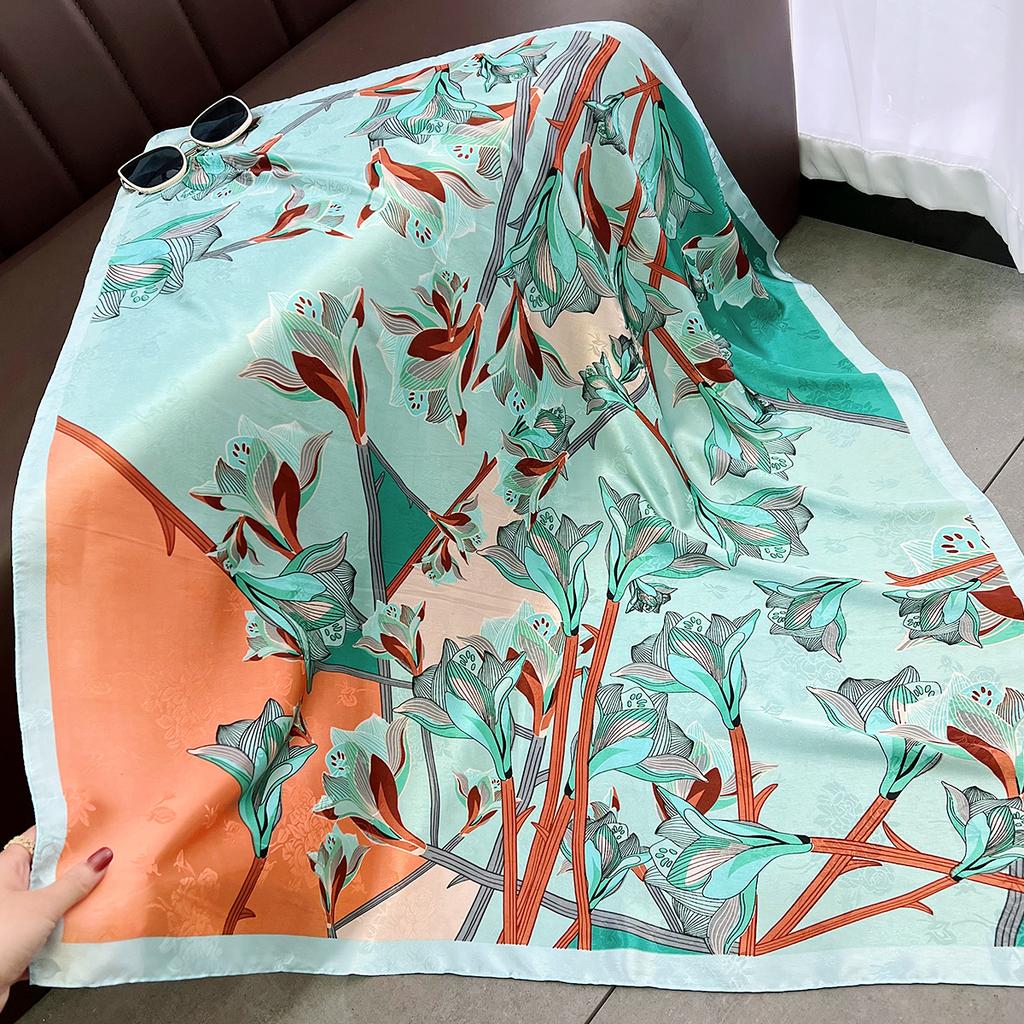 Spring and Autumn Flowers 91 Silk Scarf Square Scarf Women's Neck Protection Thin Fashion Foreign Style Scarf Summer Travel Beach Scarf