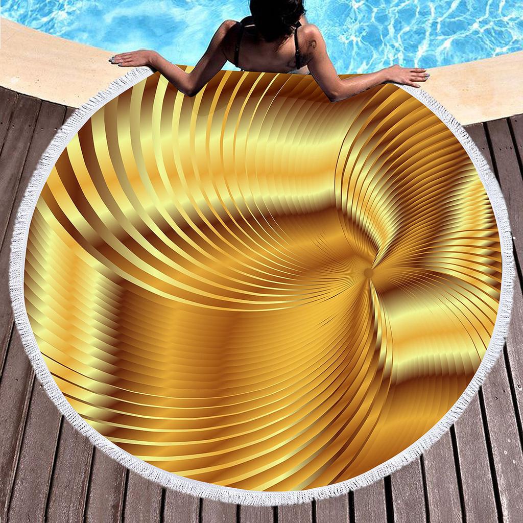 Vintage Gold Printed Round Beach Blanket,Polyester Sand Resistant Shawl Beach Towel,Absorbent Quick Dry Pool Towel Picnic Mat