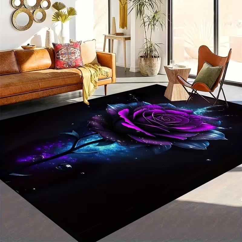 2D Rose Rug Black Background Purple Blue Flower Carpet Modern Living Room Decor Psychedelic Floor Mat Indoor Outdoor Rug