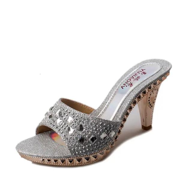 Letnie sandały damskie Rhinestone damskie buty seksowne buty na wysokim obcasie buty damskie Sandalias złote srebrne damskie kapcie sandały na obcasie seksowne