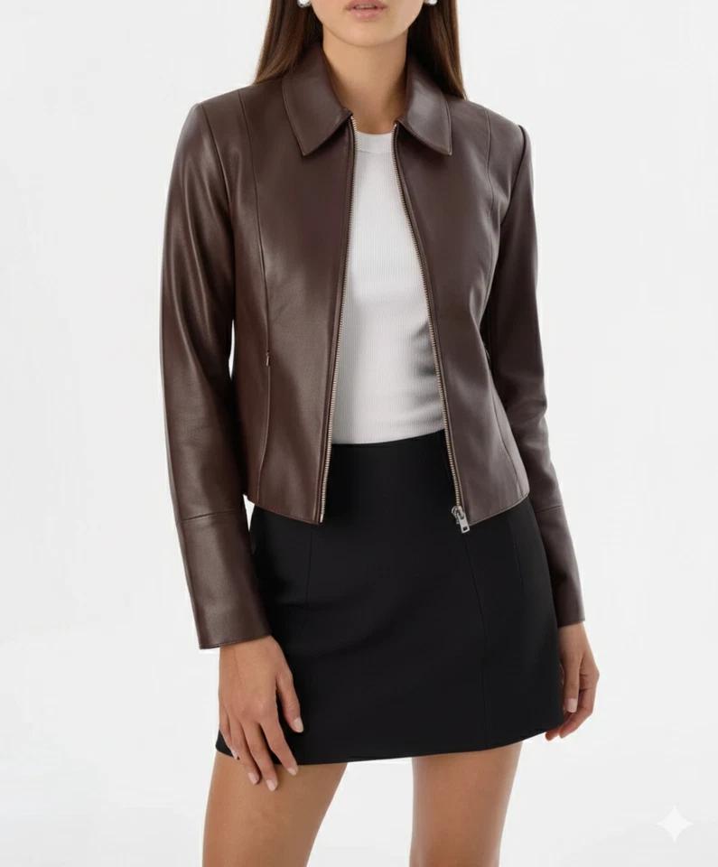 Кожаная Коричневая Повседневная Натуральная Женская Вечерняя Куртка Ручной Работы Байкерская Мотоциклетная S коричневый