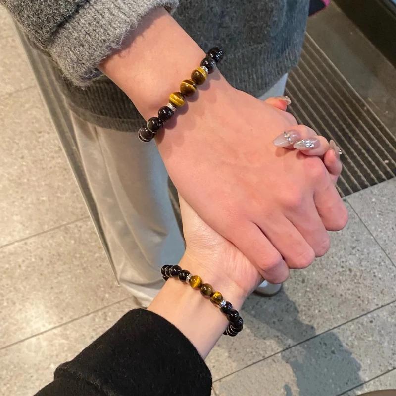 2026 New Obsidian Tiger Eye Stone Bead Bracelet Good Luck Crystal Transfer Bead Senior Couple Handstring Commemorative Token