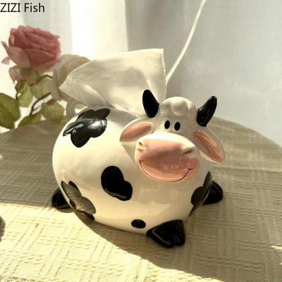 Boîte à mouchoirs en forme de vache mignonne, sculpture animale, boîte à mouchoirs en céramique, artisanat, salon, rangement de serviettes, décoration nordique pour la maison
