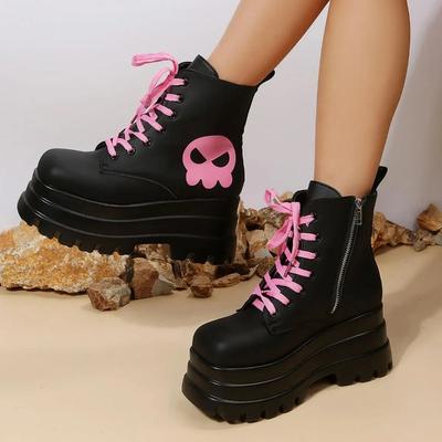 Schwarz Rosa Schnürung Kampfstiefel Damen 6cm Blockabsatz Plateau Damenstiefel Britischer Stil Dicke Sohle Höhe Erhöhend Freizeitstiefel