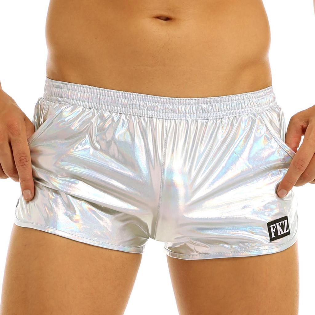 Glänzende metallische Herren-Shorts mit niedrigem Bund und elastischem Bund, Boxershorts, kurze Lounge-Hosen, Strandmode