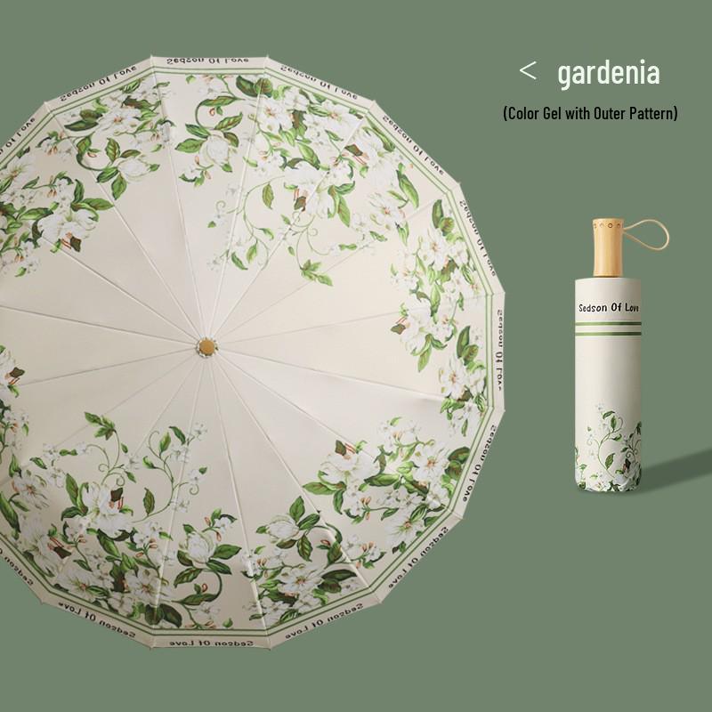 Compact 16-Rib Dual-Use Sunshade & Rain Umbrella, Hand-Open Folding, with Color Vinyl Digital Print and Sunscreen Protection.