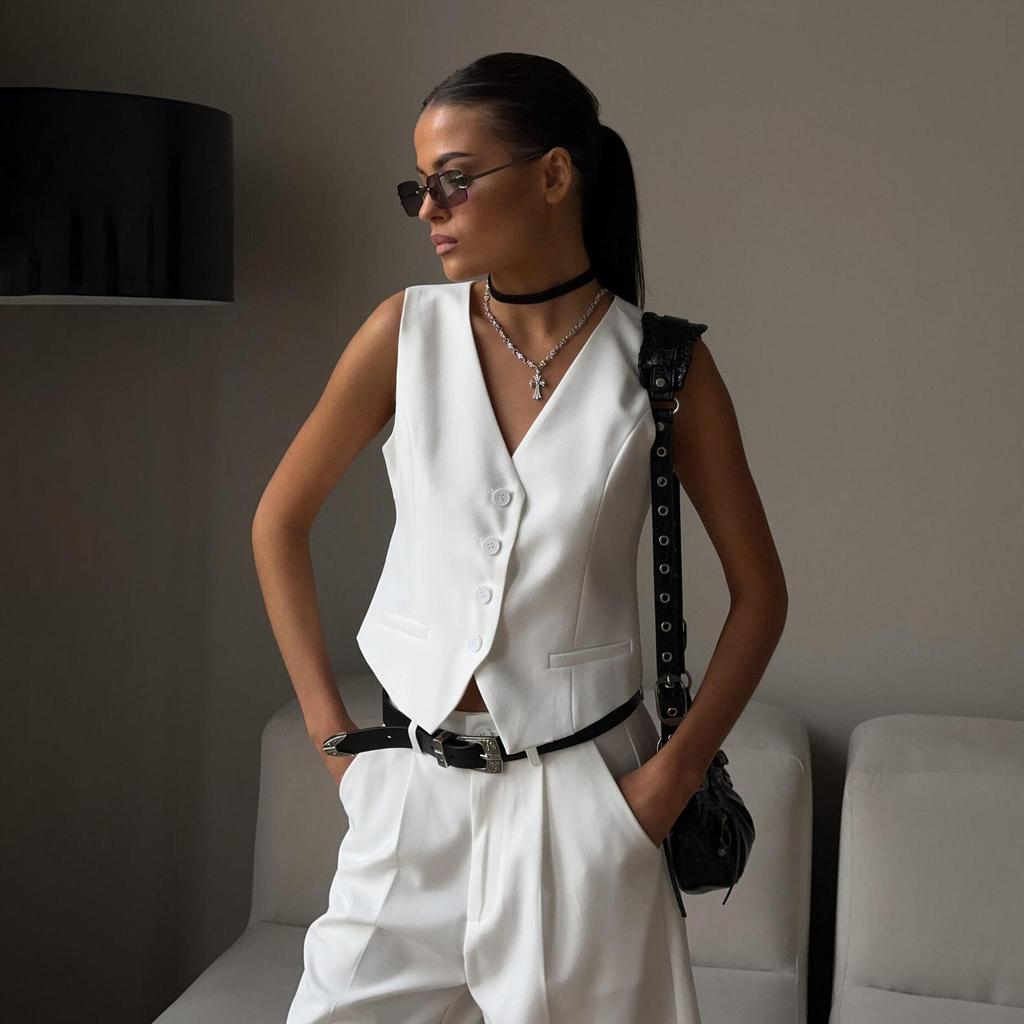Conjunto Feminino de Duas Peças: Colete, Camisa Sem Mangas, Shorts de Cintura Alta com Cordão, Tamanho Grande, Conjuntos de Moda