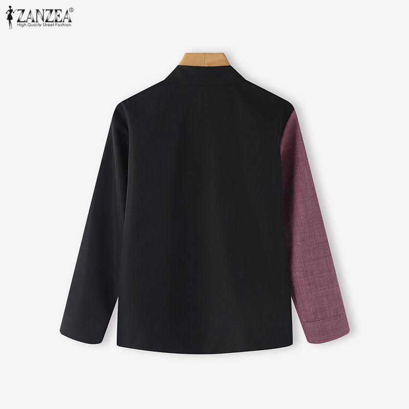 ZANZEA Women Casual Turn Down Collar Long Sleeve Patchwork Blouse