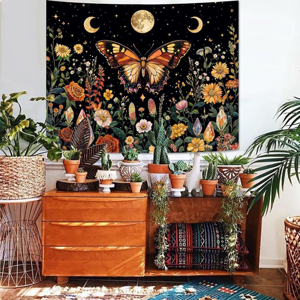 Boho Butterfly Tapestry Flower Moon Wall Tapestry, Moon Phases Tapestries For Bedroom Cute Tapestries Wall Hanging For Bedroom