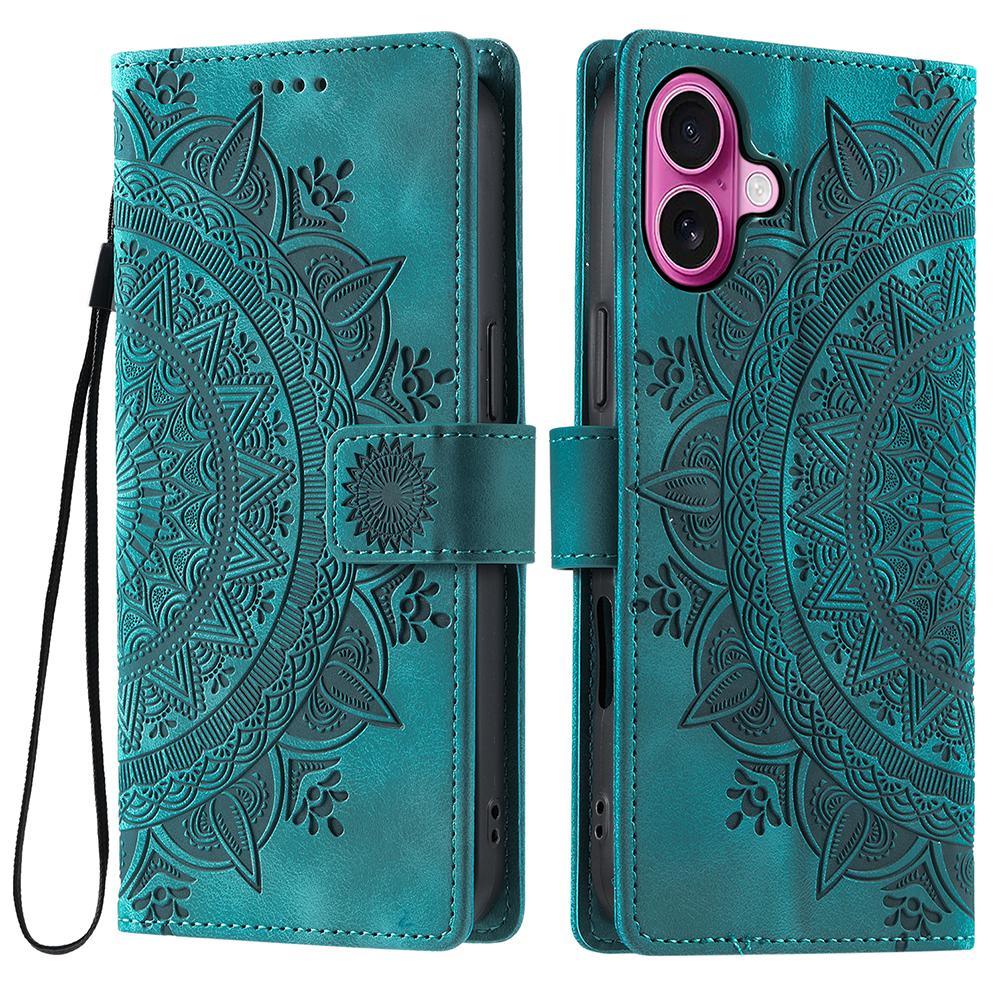 Style 018 For iPhone 16 Case Imprinted Totem Skin Feel Wallet Leather Phone Cover - Grey