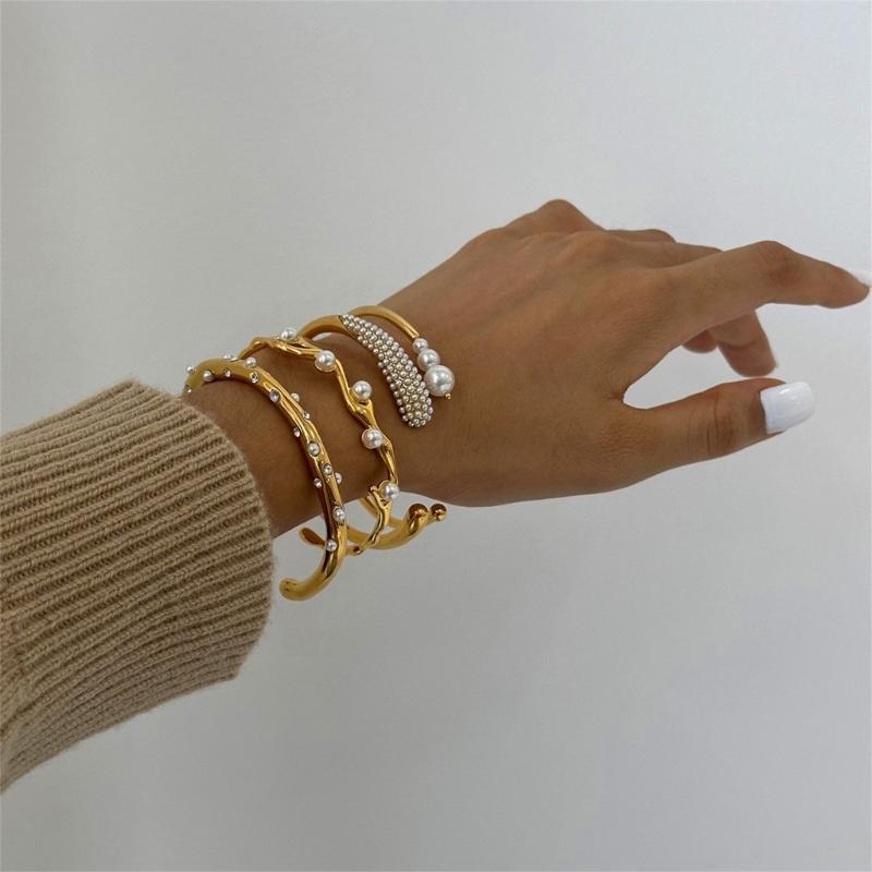 Minimalists Pearls Accent Stainless Steel Adjustable Bangle for Everyday or Evening Wear