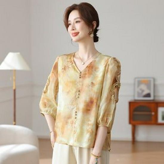 

2026 New Chinese Style Spring/Summer Seven-Sleeve Chiffon Top for Middle-Aged and Elderly Women 2XL жёлтый