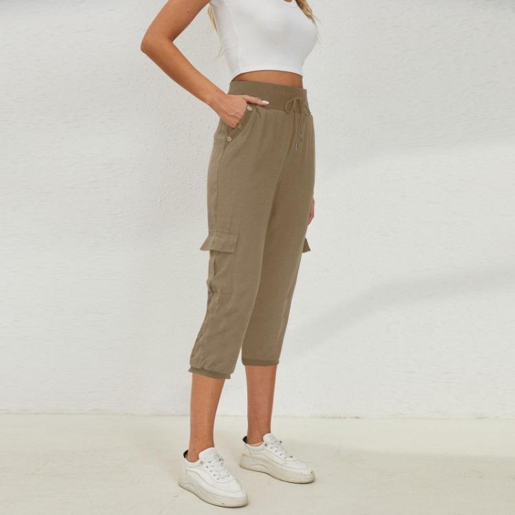 Women's Casual Loose Cotton Linen Yoga Jogger Pants 3/4 Solid With Pockets And Elastic Waist