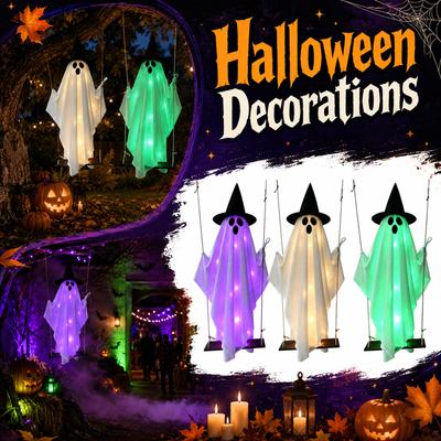 Outdoor Hanging Ghost Swing Halloween Decoration with Integrated String Lights for Yard Porch Patio Seasonal Holiday Display