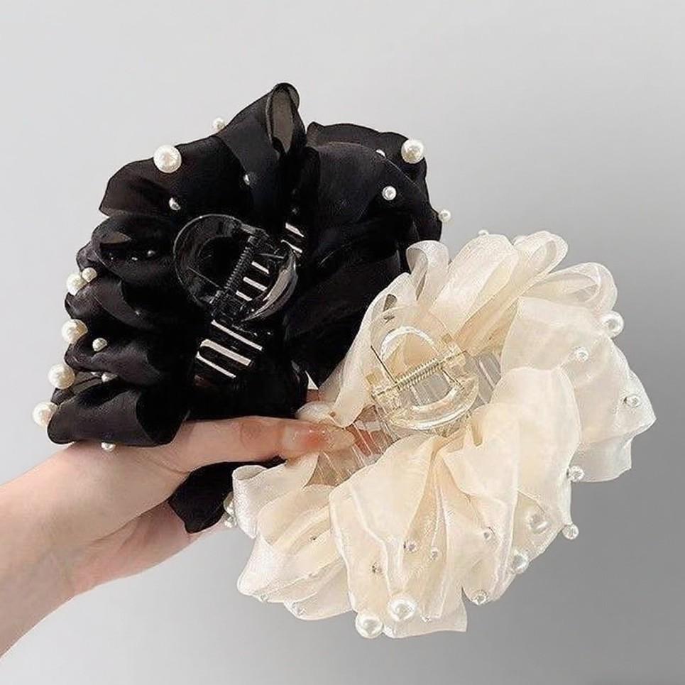 Elegant French Pearl Bow Claw Clip: Large Mesh Hair Accessory for Women