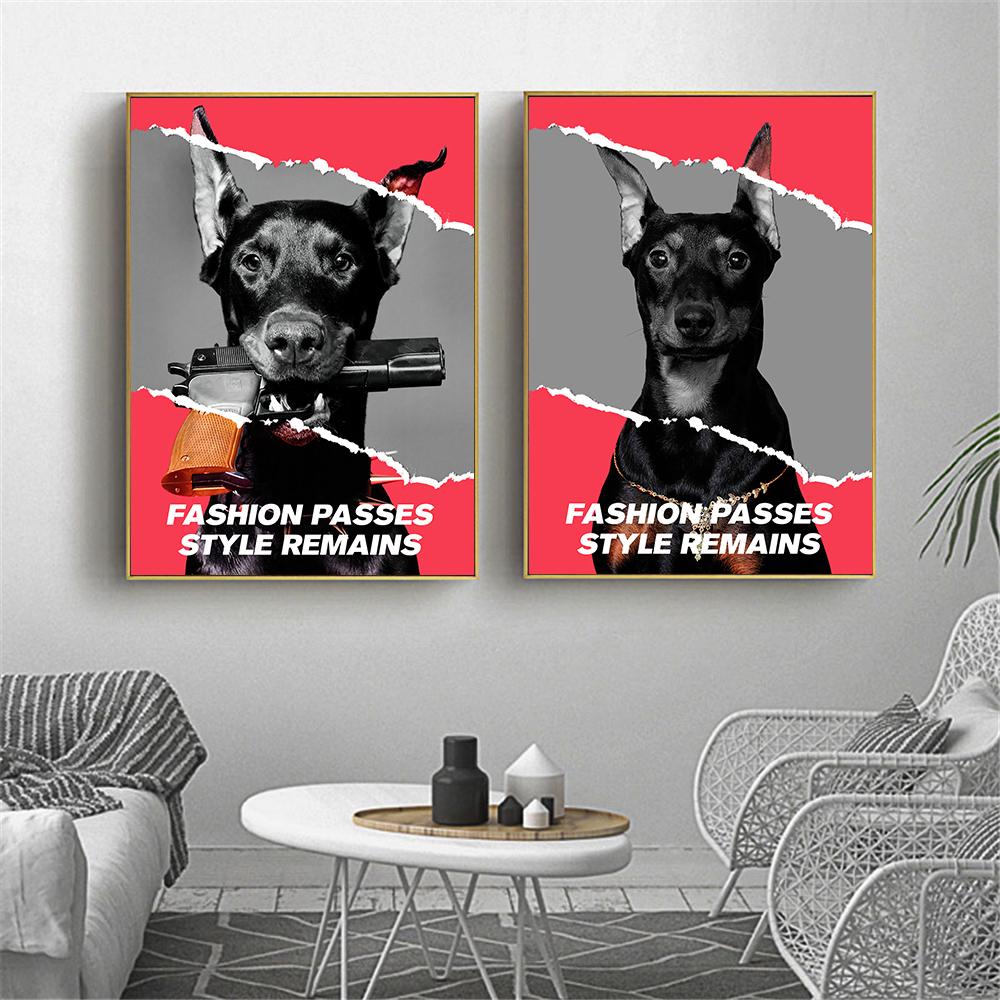 Hypebeast Modern Black White Doberman Gun Luxury Fashion Poster Prints Canvas Painting Wall Art Picture Nordic Room Home Decor