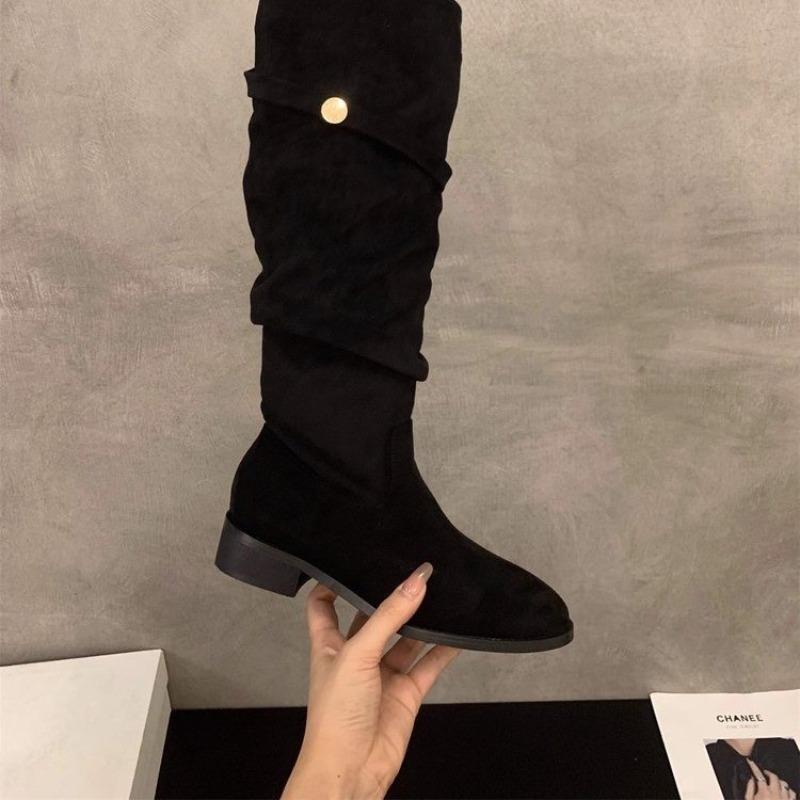 Fashion New Style Solid Color Comfortable Fashion Knee-high Fashion Boots Round Head Square Heels Increase Large Size Winter High Boots