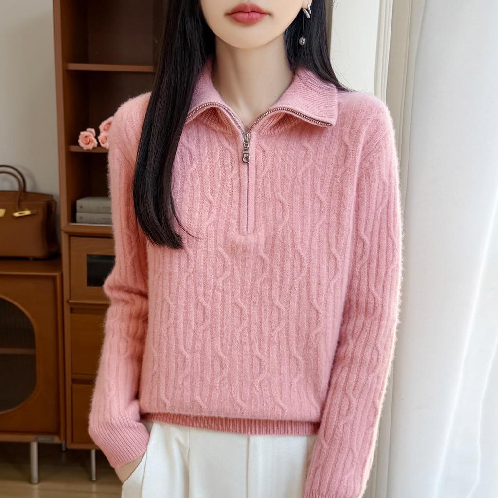 2026 Autumn/Winter Women's Pure Wool Cable Knit Half-Zip Lapel Sweater