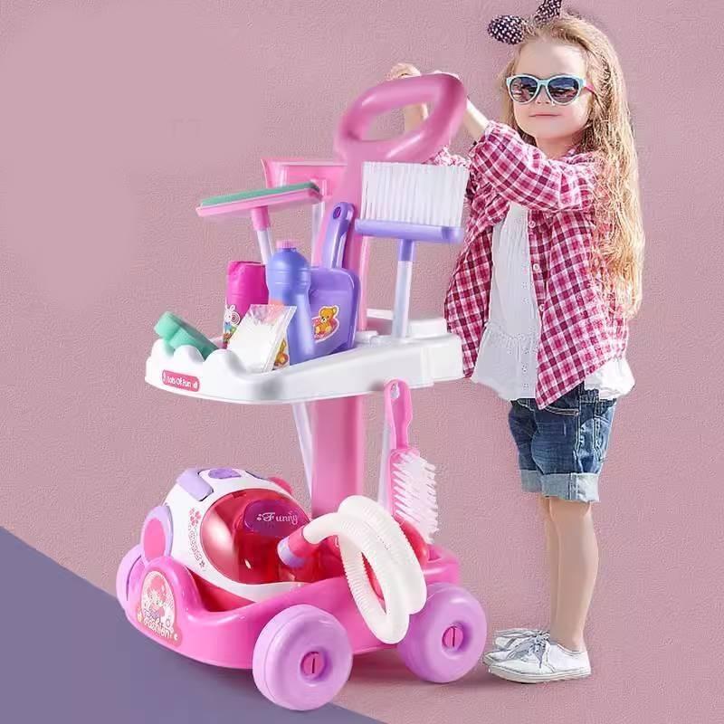 Interactive Kids Play Vacuum Set Plastic Cleaning Tool Cart With Ice Cream Cash Register