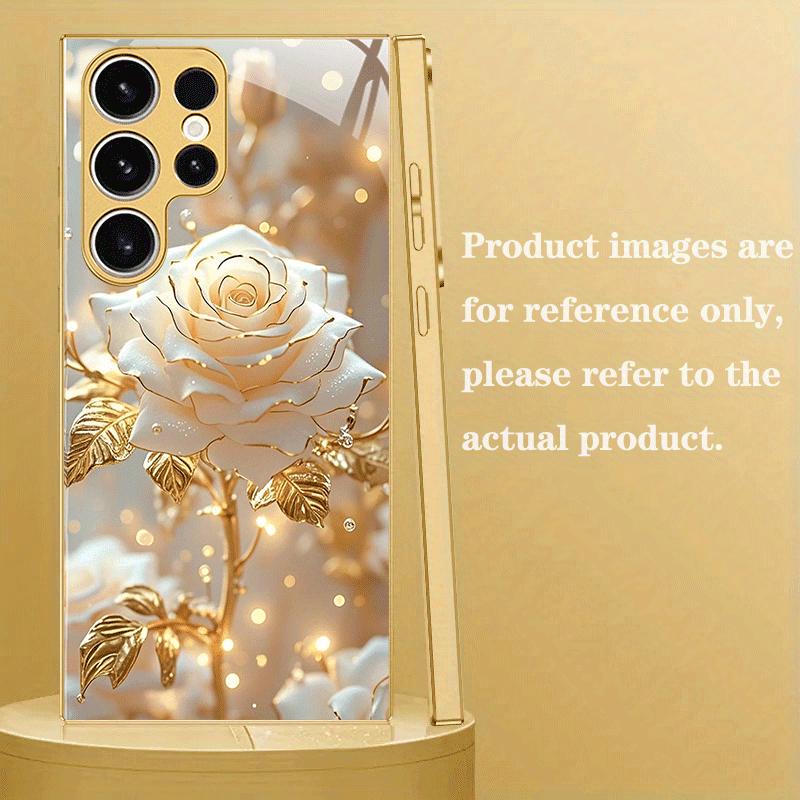 Custodia per telefono in metallo verniciato vetro con design a rosa bianca dorata adatta per Samsung Galaxy S26 S25 S24 S22 S21 S20FE/Ultra/Plus antiurto