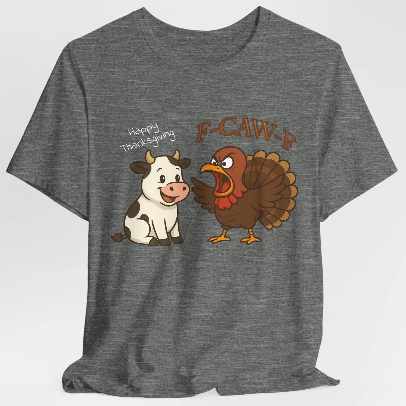 F-CAW-F Funny Thanksgiving Cow & Turkey T-Shirt Farm Animal Humor Tee S