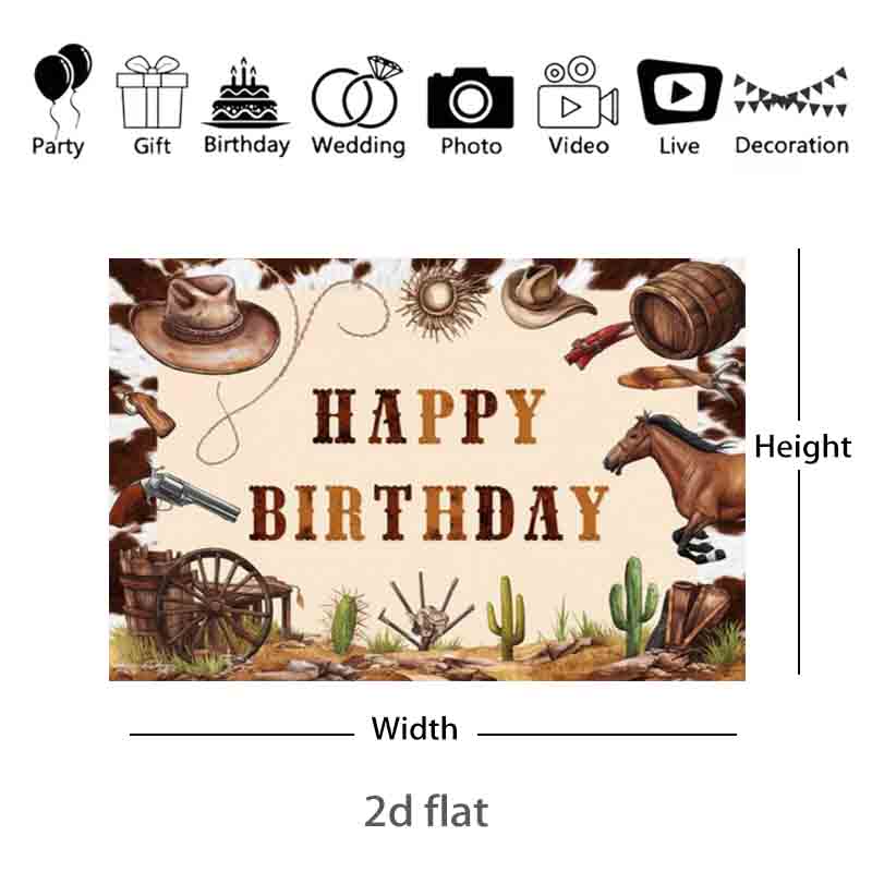 Western Cowboy Happy Birthday Photography Backdrop Cow Print Cowboy Hat Horse Cactus Wild West Boys Birthday Party Photo