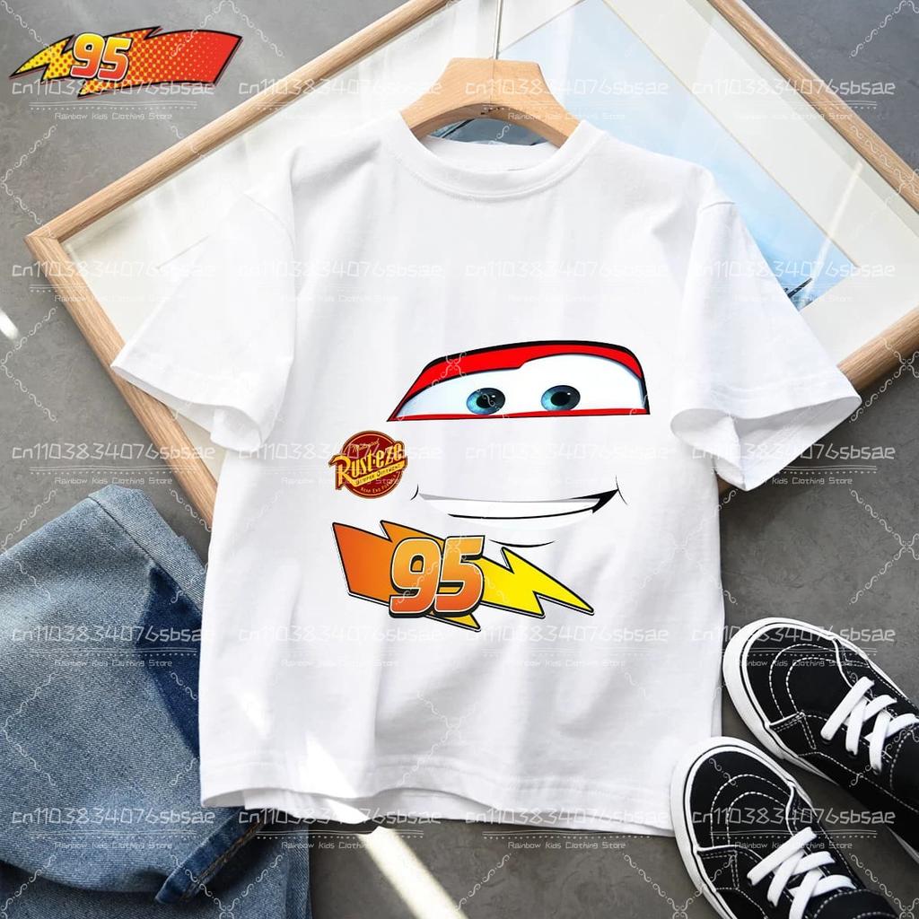 2026 Summer Kids T-shirt Short Sleeve Top Cartoon Cars Pixar Lightning McQueen Printed Boys Clothes Baby Tops 4-10 Years