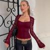 Women Sexy Fashion Lace Hollow Out Spliced Long Sleeve Slim Cropped Blouse