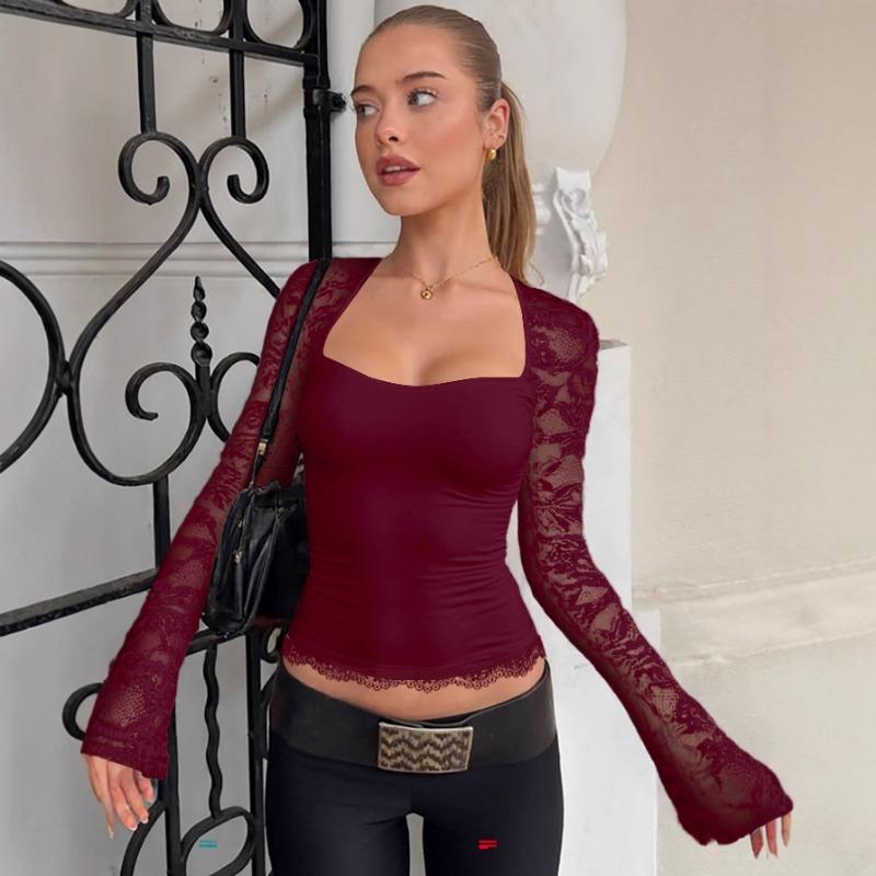 Women Sexy Fashion Lace Hollow Out Spliced Long Sleeve Slim Cropped Blouse