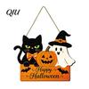 Black Cat Pumpkin Ghost Pendant Halloween Door Sign with Hemp Rope Lanyard, Printed Hanging Kindergarten Holiday Environment Decor Plaque, Wooden
