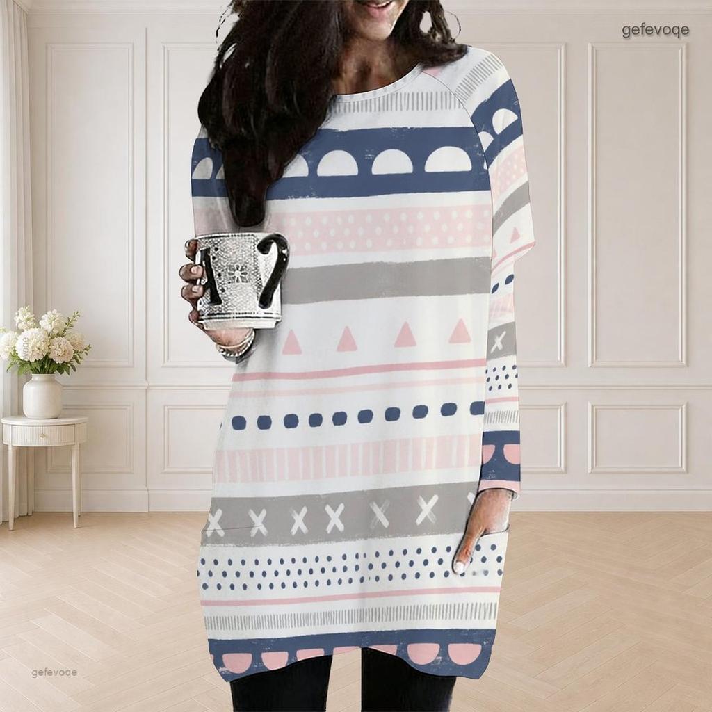 Women Plus Size Round Neck Long Sleeve Geometric Printed Loose Longline Top With Pockets