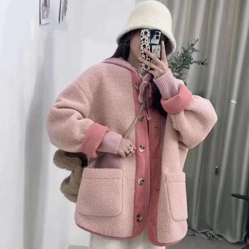 

Winter Thick Contrast Retro Lambswool Coat Women s New Small Fragrance Loose Thick Long Cardigan. XXL