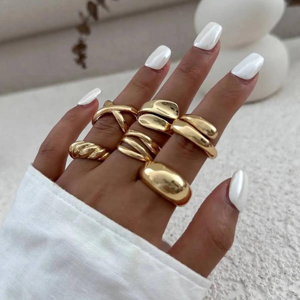 IngeSight.Z 6Pcs Vintage Gold Color Smooth Geometric Open Rings Women Exaggerated Metal Irregular Thick Water Drop Ring Jewelry