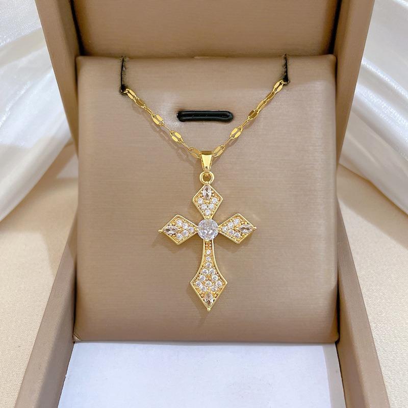 Hip Hop Trendy Zircon Cross Pendant Necklace for Women Men Fashion Stainless Steel Chain Cross Jewelry Accessories Gifts