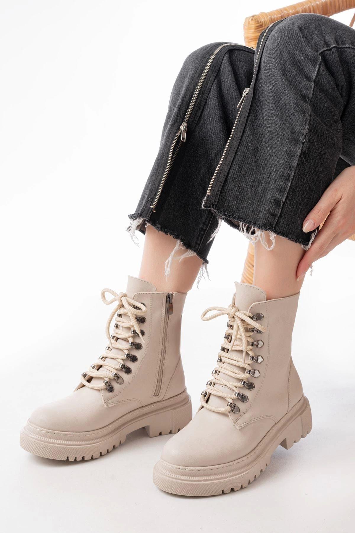 

Women Modern Stylish Fashion Boots Beige Lace-Up Zipper Casual Boots 36
