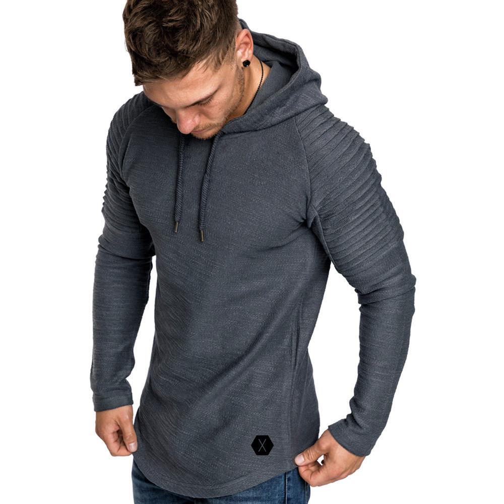 Men's Slim Fit Solid Color Hooded Long Sleeve T-Shirt Striped Pleated Shoulder Sleeve Hooded European and American Men's Clothing