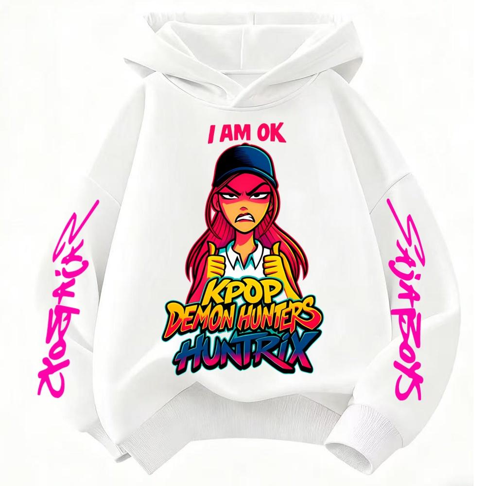 Cute Derpy KPop Demon Hunter Cartoon Girls Hooded Sweatshirt Warm Children's Wave Fashion Tops Casual Black Pink Clothing