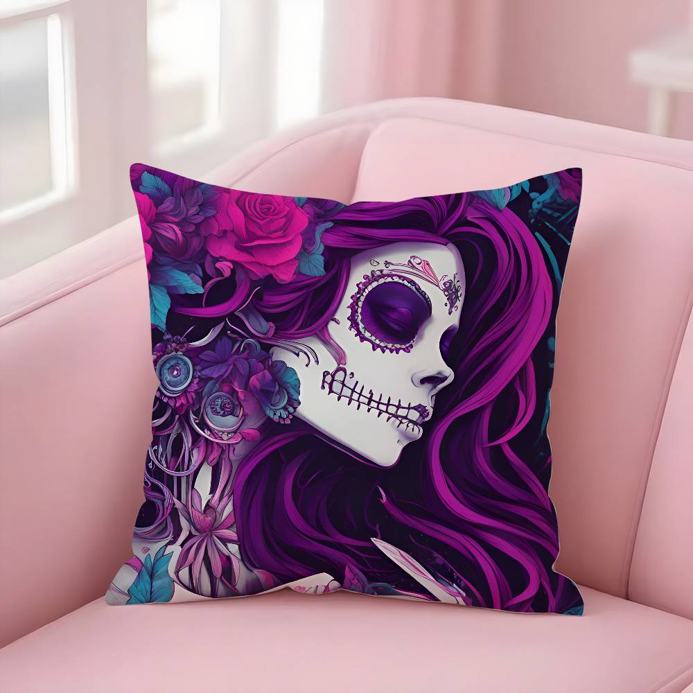 Poszewka na poduszkę Dziewczyna Cukrowa Czaszka Halloween Krótki plusz Dwustronny nadruk Kwadratowe poszewki na poduszki dekoracyjne Sofa Domowa Dekoracja poduszką