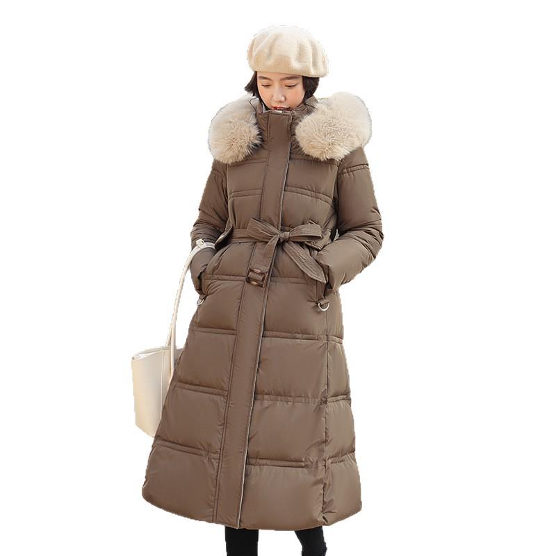 2025 Winter Women's Long Hooded Fur Collar Cotton Coat - Thick, Knee-Length Outerwear
