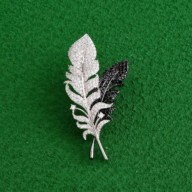 Black and White Feather Minimalist Stud Elegantly Set with Diamonds Feather Brooch Unique Design Pin