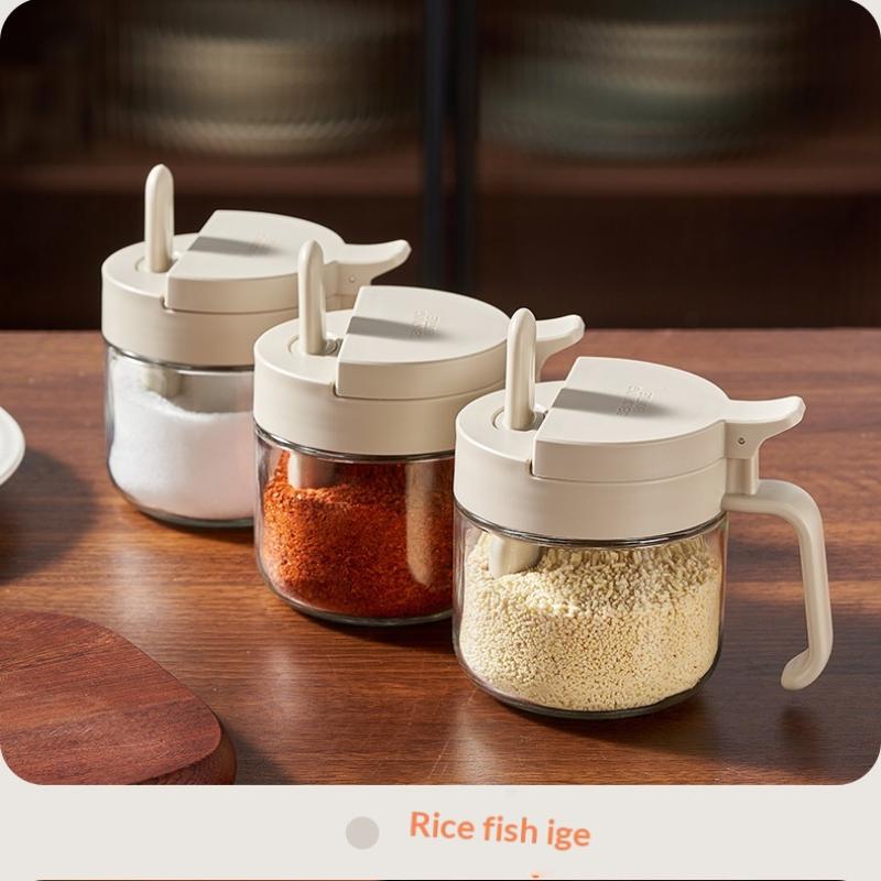 Seasoning Containers Airtight Glass Organizer With Spoon Condiment Containers With Lid For Kitchen Countertop Pantry Cabinet