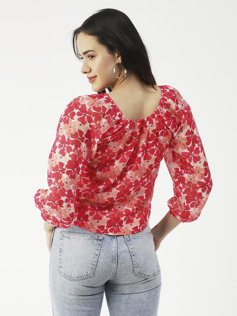 Moomaya Printed Top Round Neck Sheer Long Sleeve Tops For Women