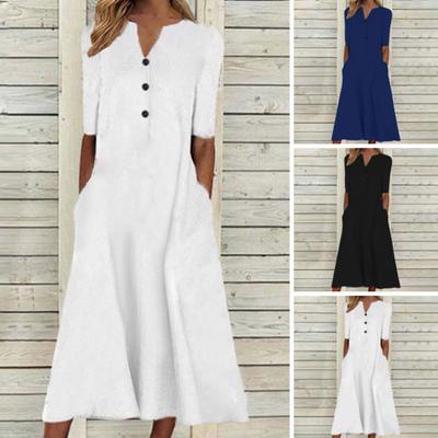V Neck Buttons Neckline Half Sleeve Pockets Loose Hem Midi Dress Women Solid Color A-Line Casual Dress