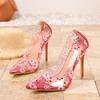 Eilyken Pink Flower Fashion PVC Transparent Pumps Women Sexy Pointed Toe Thin Heels Wedding Party Shoes
