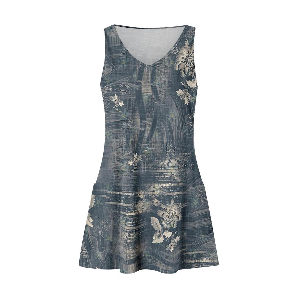 Abito da donna casual alla moda con scollo a V, senza maniche, stampa floreale, tasca laterale
