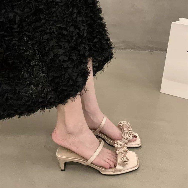 2024 New Summer Fairy Style High-heeled Small Cool Slippers Wearing Purple One-word Drag French Sandals Women's Shoes