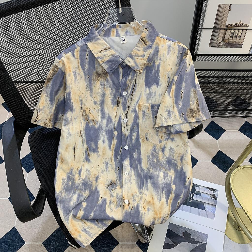 Ink Tie-Dye Cardigan Short Sleeve Shirt for Men, Thin Summer Ice Silk Quick-Dry Half Sleeve Turn-Down Collar Shirt Jacket