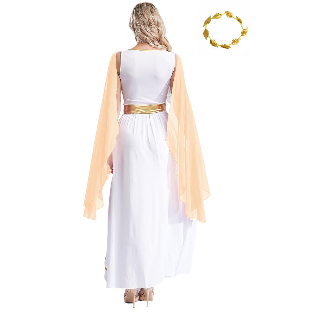 Womens Ancient Greek Roman Queen Costume V Neck Sleeveless Gold Trim Toga Dress Artificial Leaf Garland Headwear